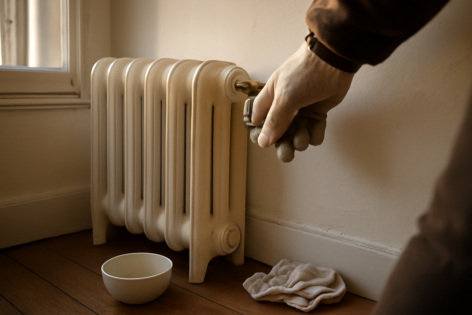 comment purger un radiateur : clé de purge sur un radiateur avec récipient et chiffon