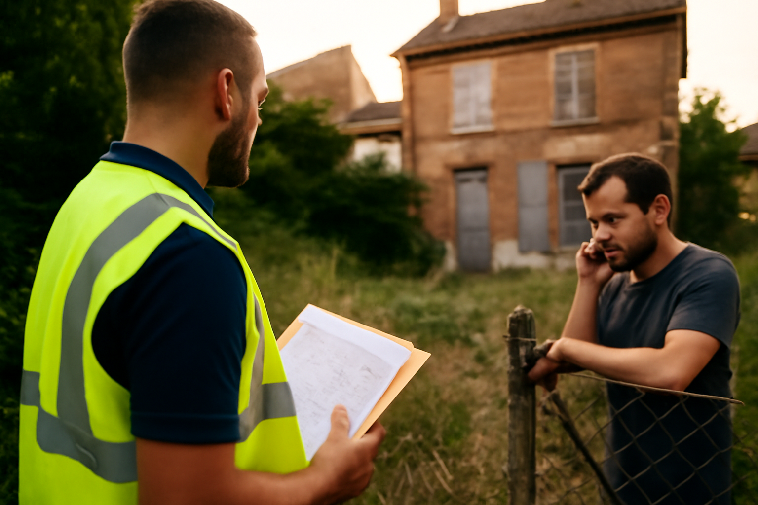 Maison abandonnée à donner : maison délaissée avec jardin, lumière de fin d’après-midi, agent municipal tenant un dossier