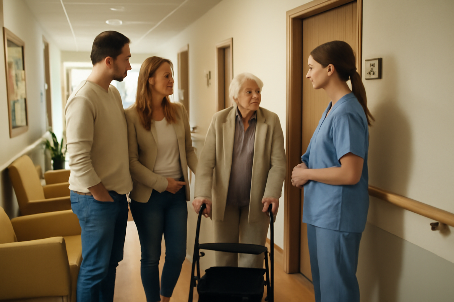 maison retraite seniorhome.fr : famille en visite dans un établissement pour seniors, lumière naturelle