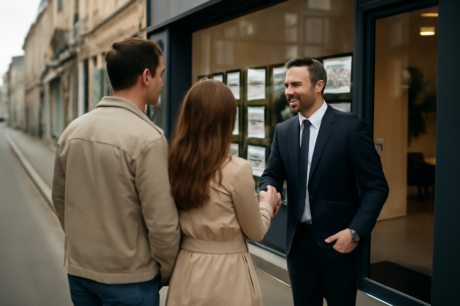Agence immobilière Quentimmo à Saint-Quentin (02100), façade d’agence et conseiller accueillant des visiteurs