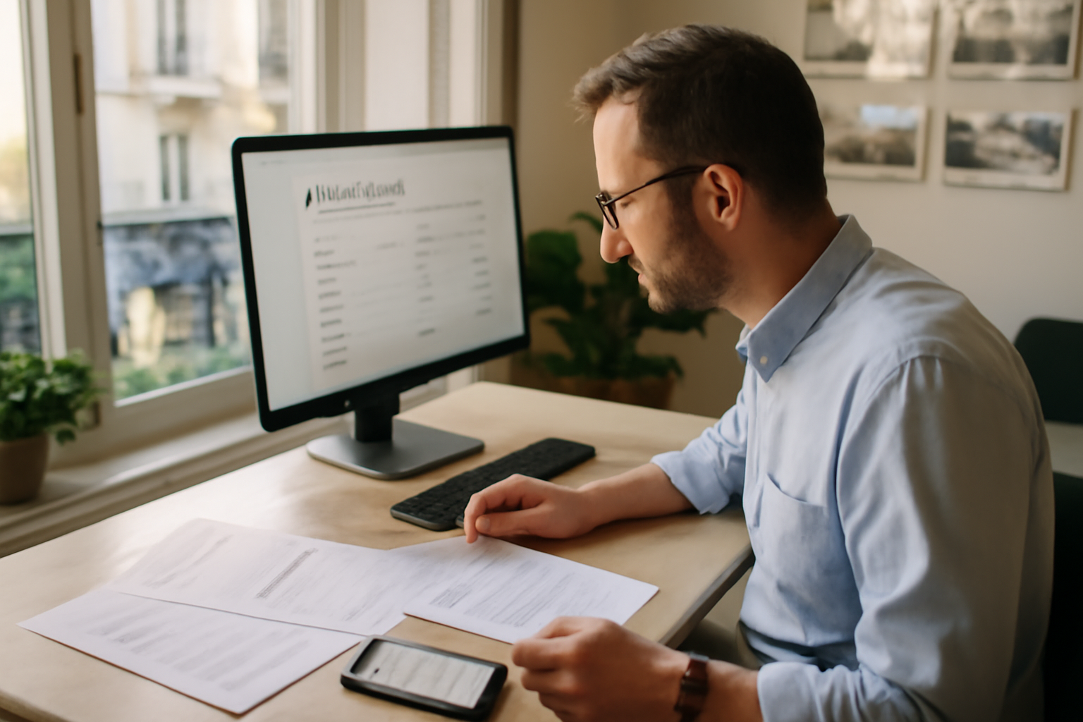 agence immobilière versant le loyer au propriétaire sur ordinateur, documents et virement bancaire, scène photo réaliste
