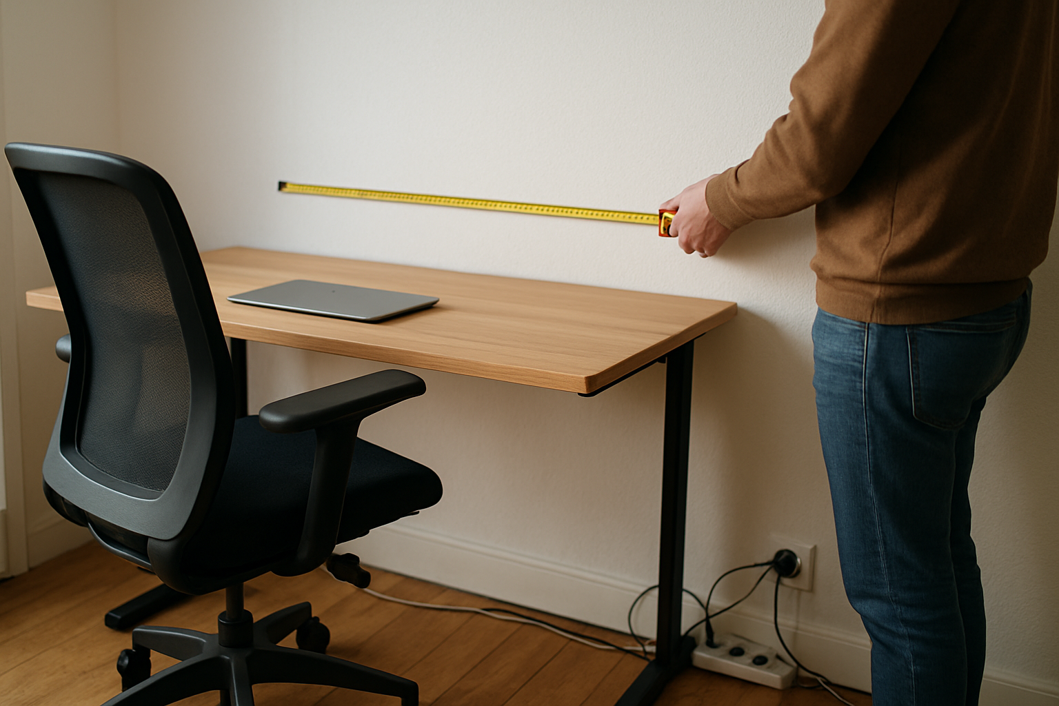 Mesure au mètre entre le bord arrière d’un bureau et un mur, chaise pivotante reculée dans un bureau lumineux