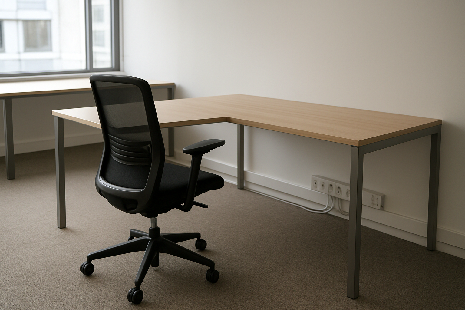 Bureau d’angle avec chaise reculée et câbles derrière le bureau, prises accessibles et cheminement de câbles organisé