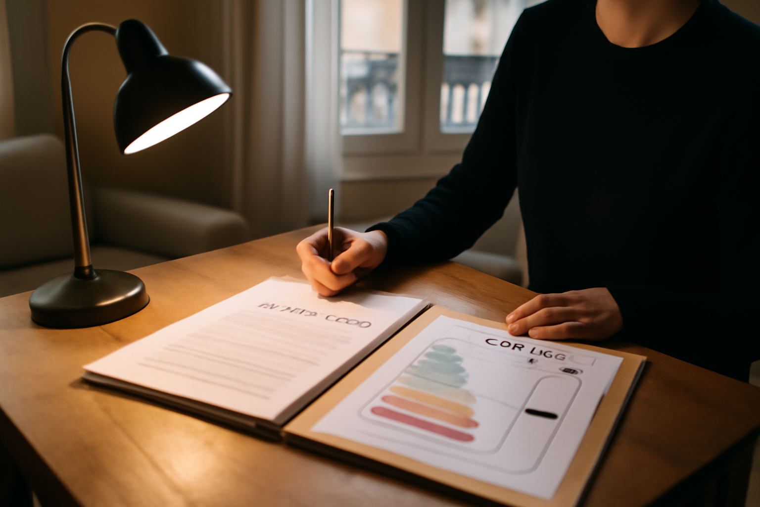 Appartement loué : bail et diagnostic de performance énergétique sur table, lumière naturelle