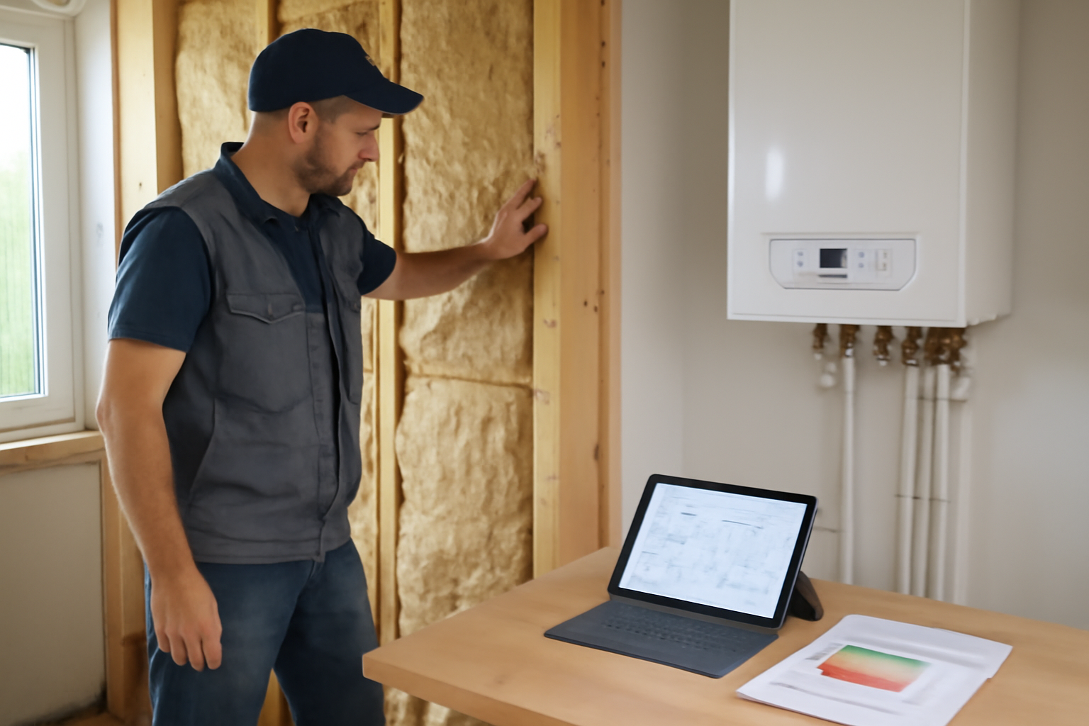 Technicien en rénovation vérifiant une isolation et un système de chauffage, dossier de diagnostic à la main
