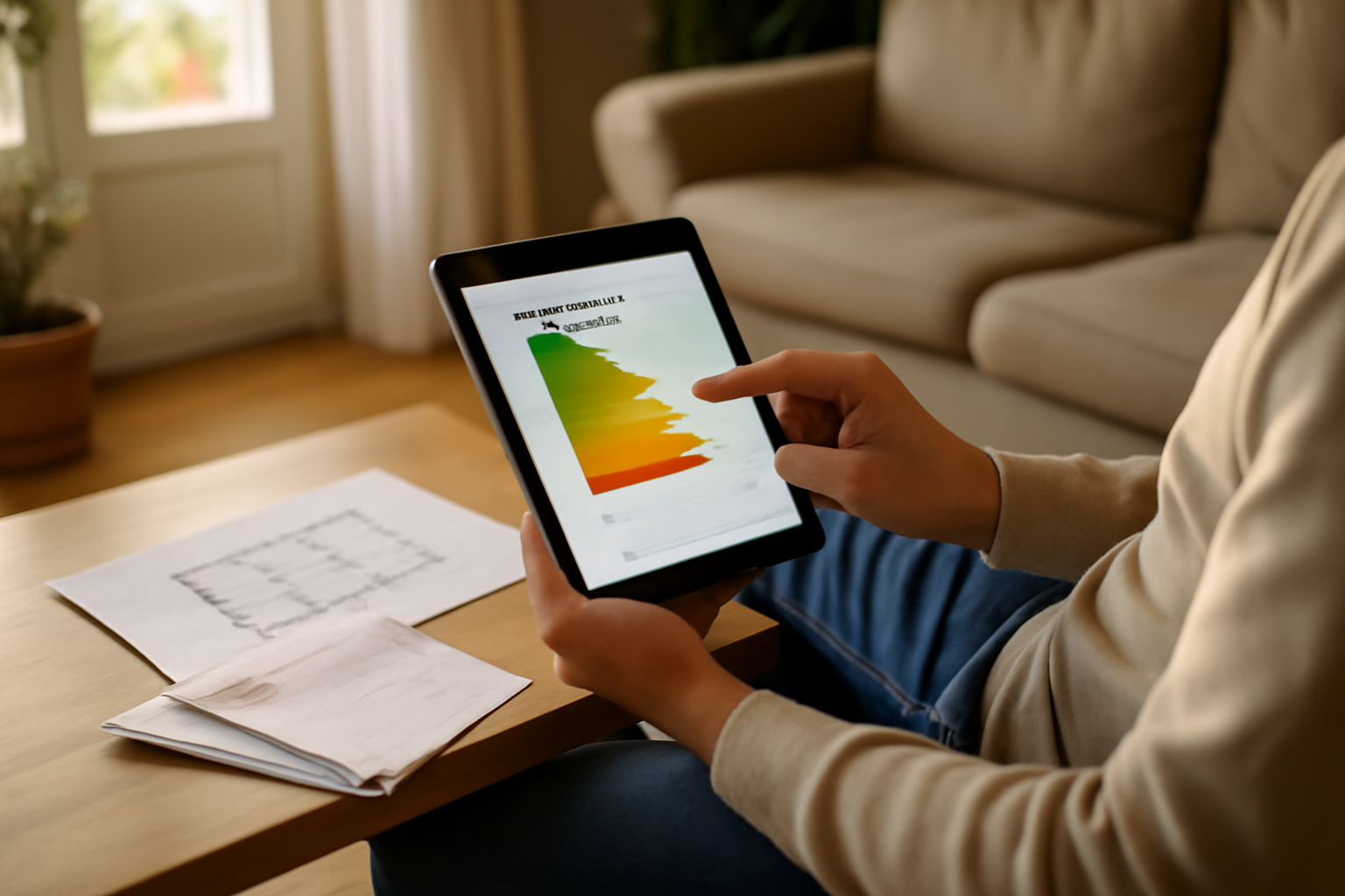 habitats durables simul dpe : personne consultant un simulateur DPE sur tablette près d’un plan de maison