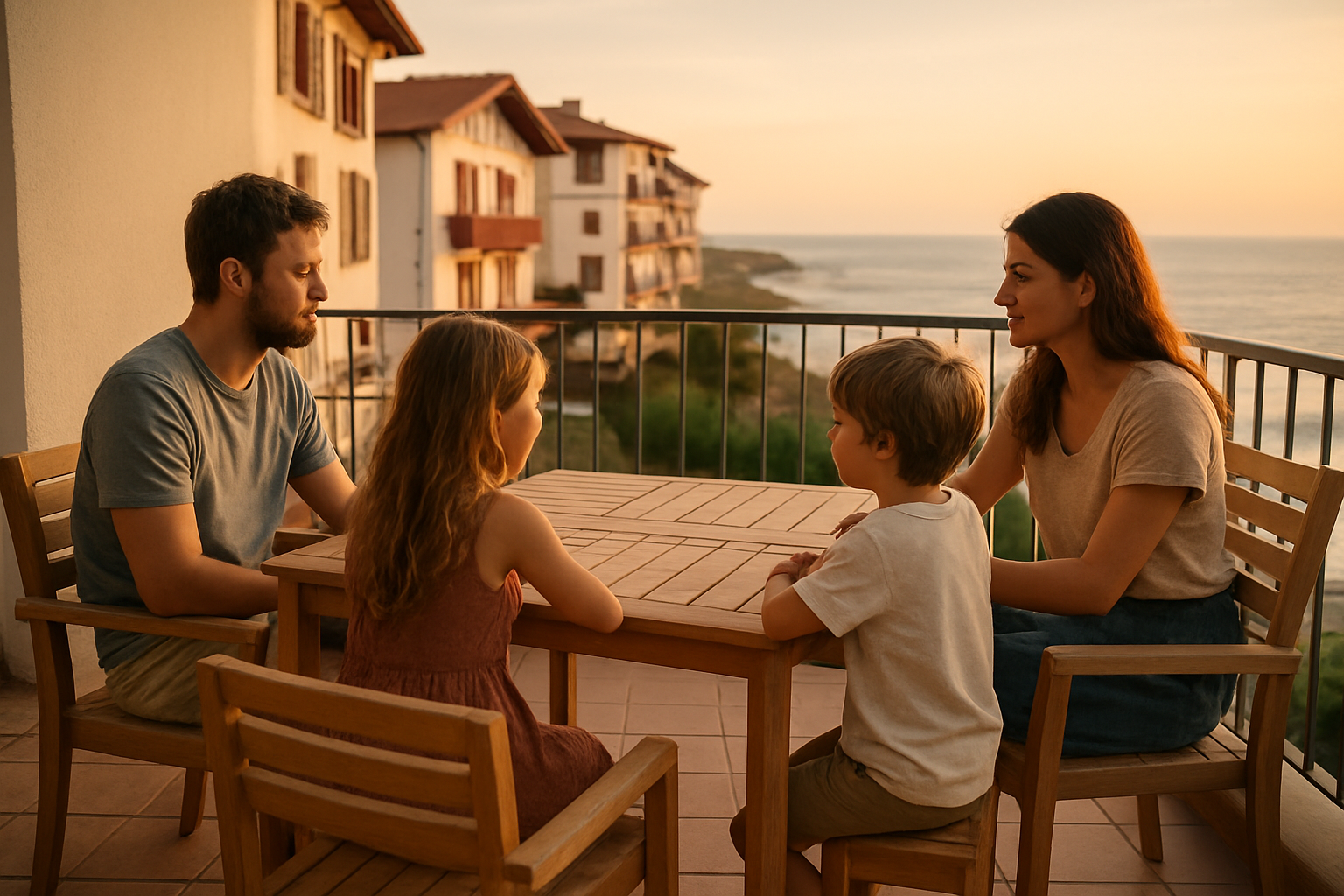 Vue réaliste d’une location de vacances à Biarritz près de la plage, avec terrasse et famille profitant du coucher de soleil