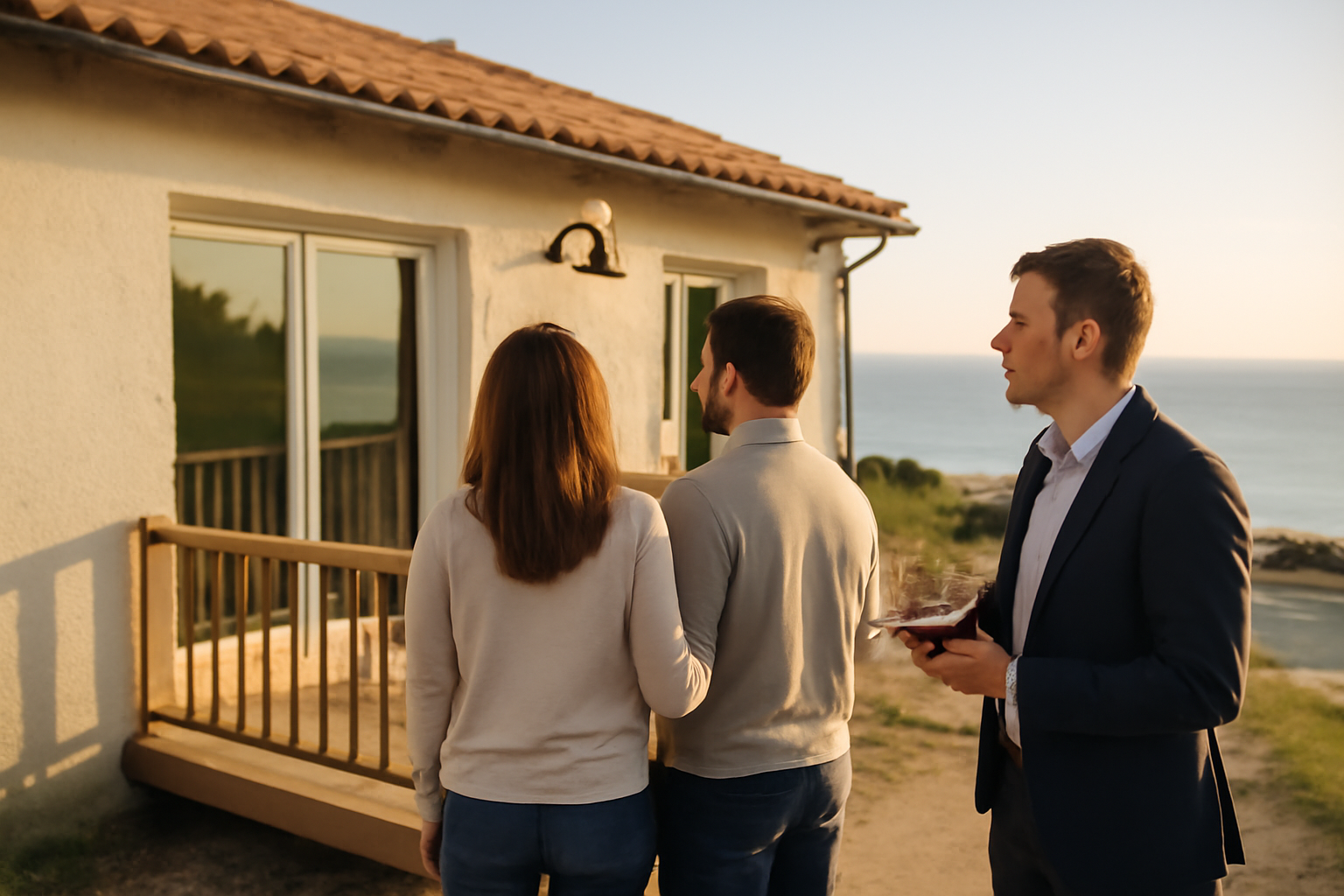 Maison bord de mer à vendre, façade en bord de plage sous lumière de fin d’après-midi, route côtière et personnes en visite