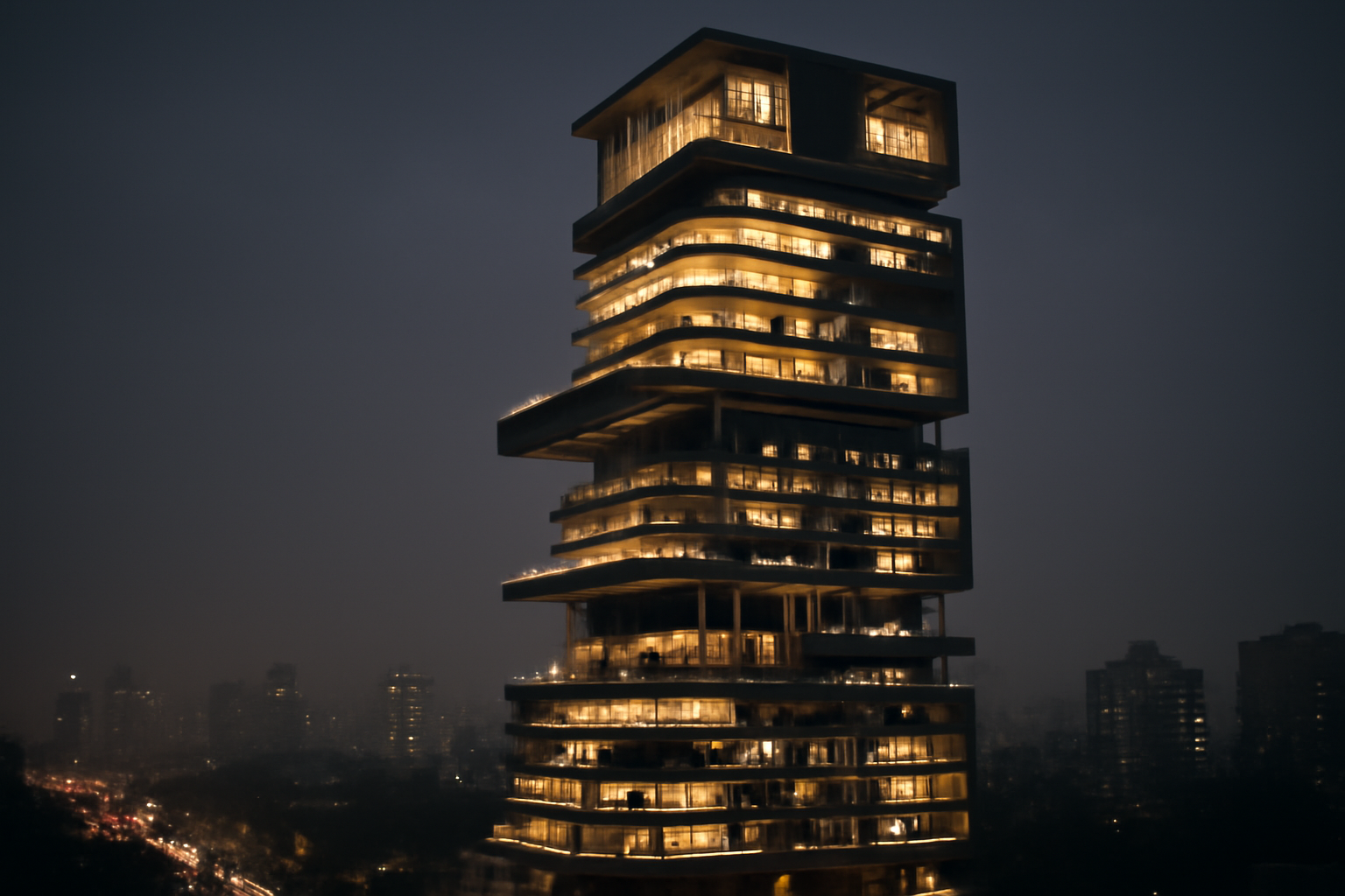 Tour résidentielle ultra-luxe inspirée d’Antilia à Mumbai, vue urbaine de nuit avec éclairages spectaculaires