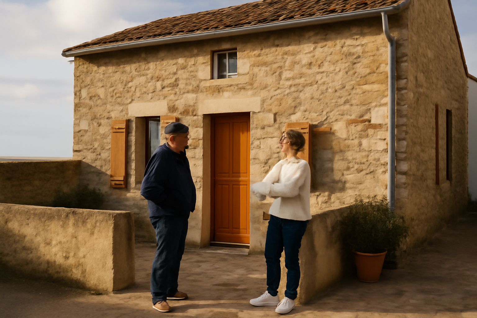 Maison de pecheur en bord de mer, façade ancienne et volets près du rivage, lumière de fin d’après-midi
