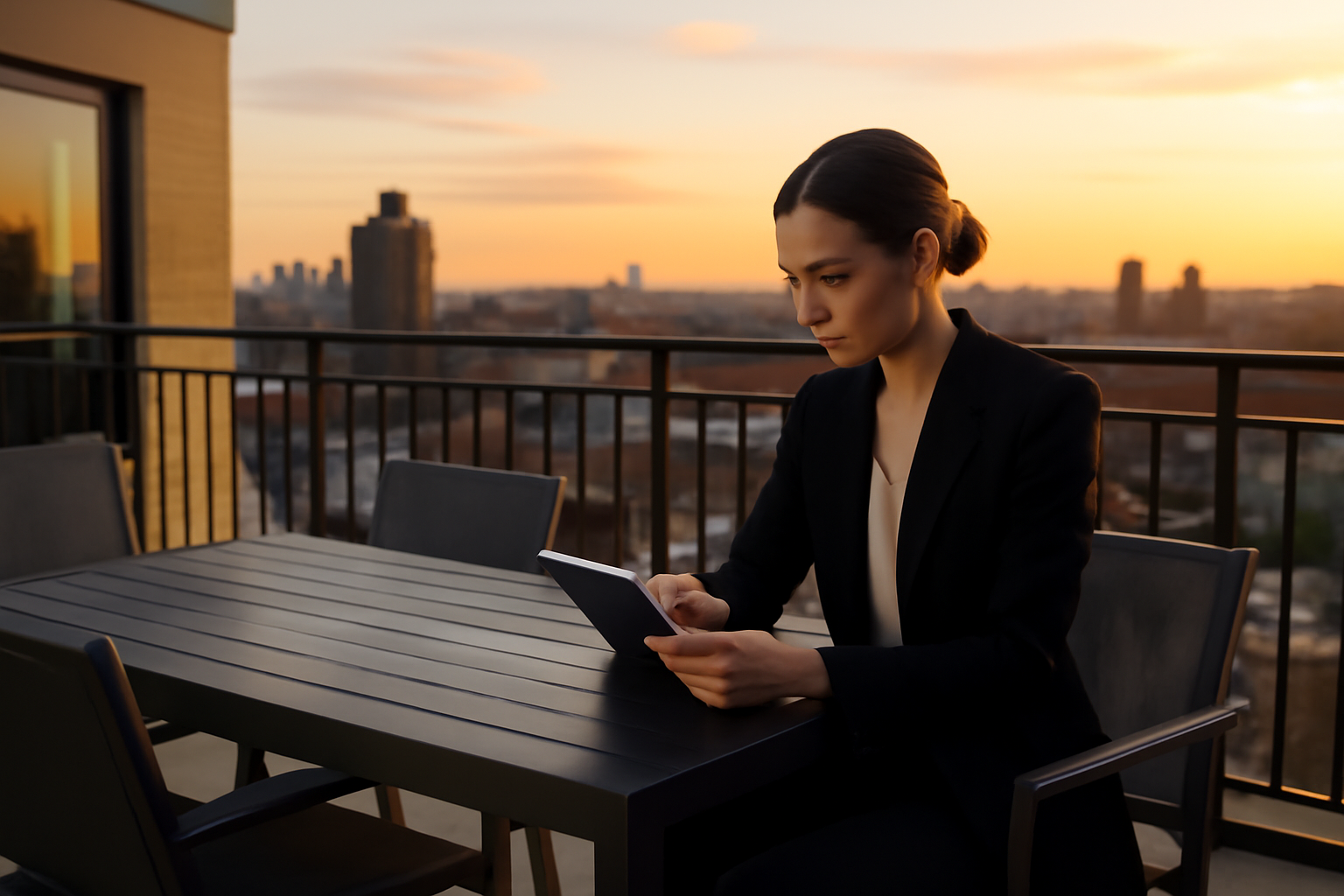 Vue depuis la terrasse d’un penthouse au dernier étage, garde-corps et mobilier d’extérieur sous lumière naturelle