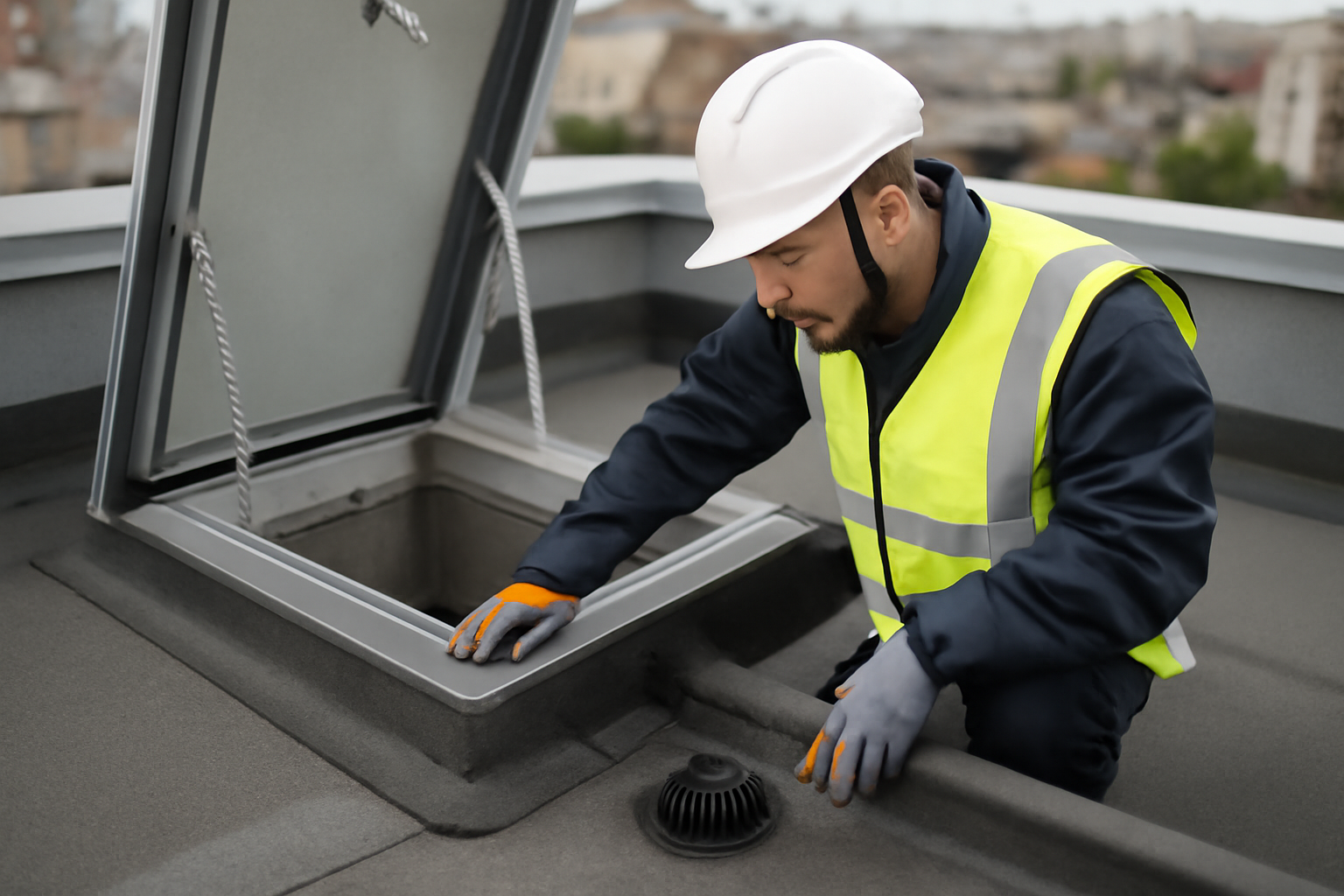 Inspection visuelle de la toiture-terrasse d’un immeuble depuis une trappe, protections et évacuations d’eaux pluviales