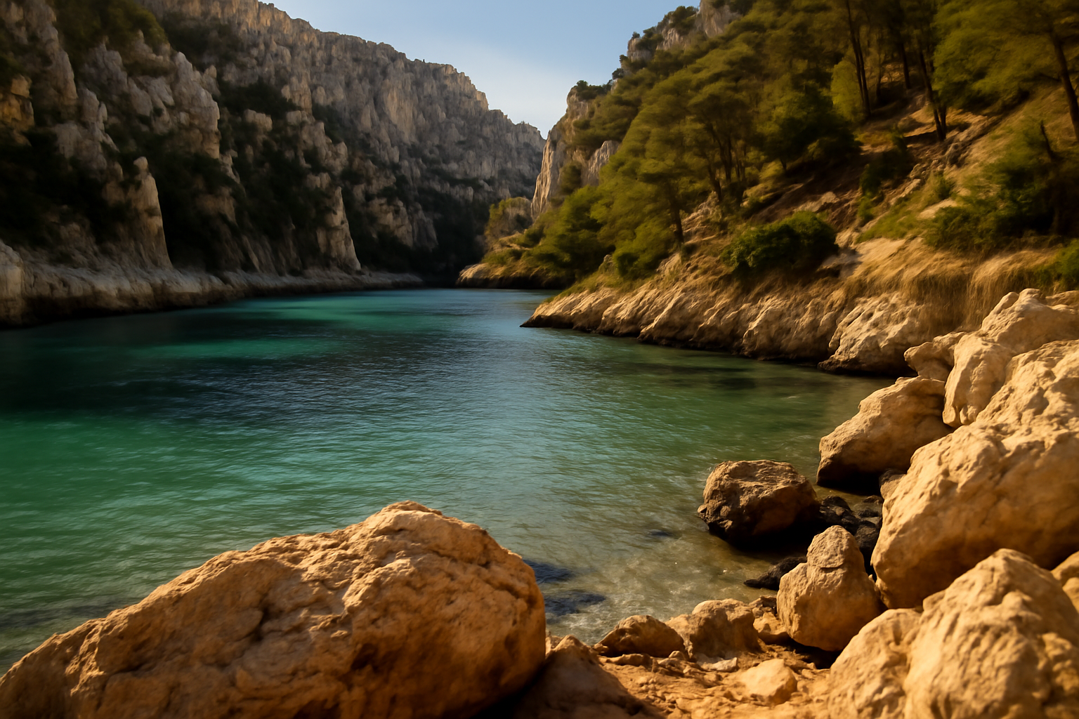 Vue sur la calanque d’En-Vau à Cassis, rochers calcaires et eau claire, ambiance de fin de journée