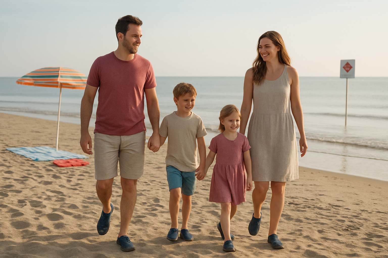 Famille à Palavas-les-Flots sur une plage de sable avec entrée dans l’eau et panneaux de baignade