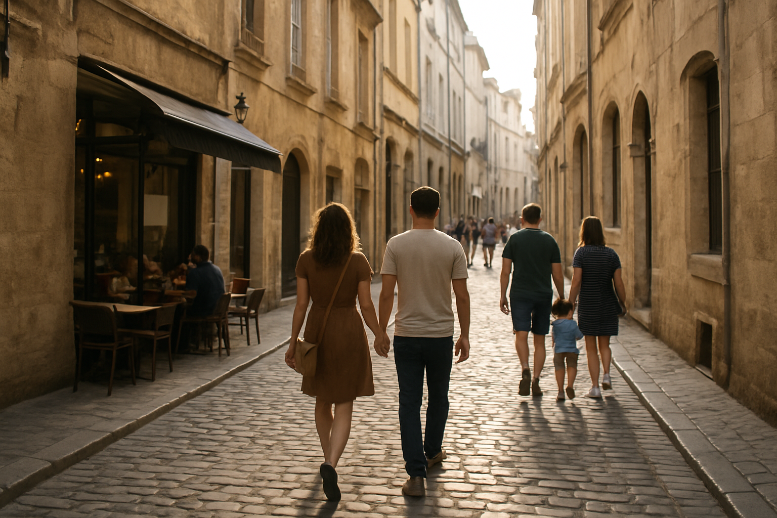 Rue animée dans l’Écusson à Montpellier, piétons et façades anciennes au soleil