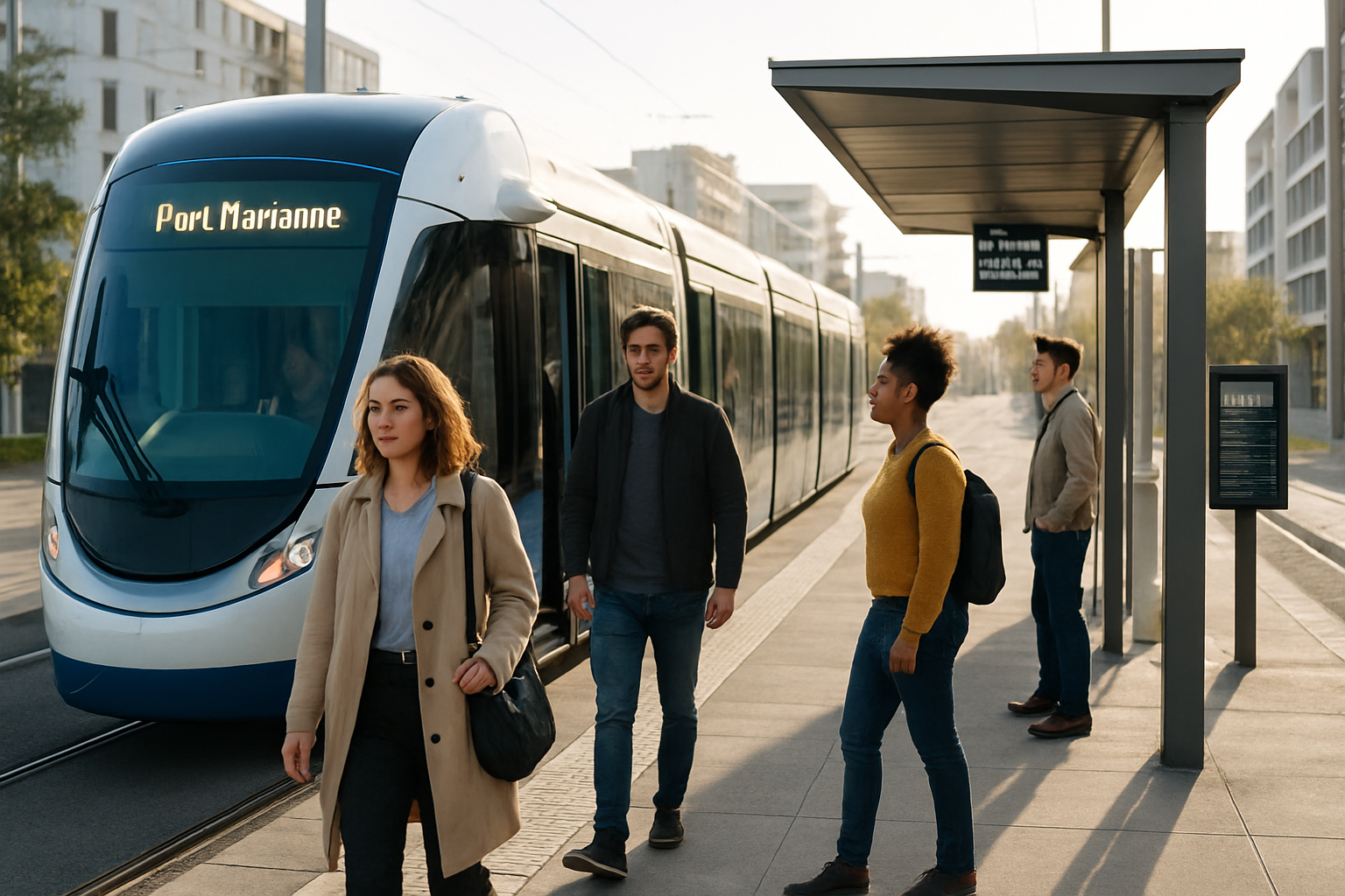 Station de tram à Port Marianne à Montpellier avec voyageurs et signalétique urbaine