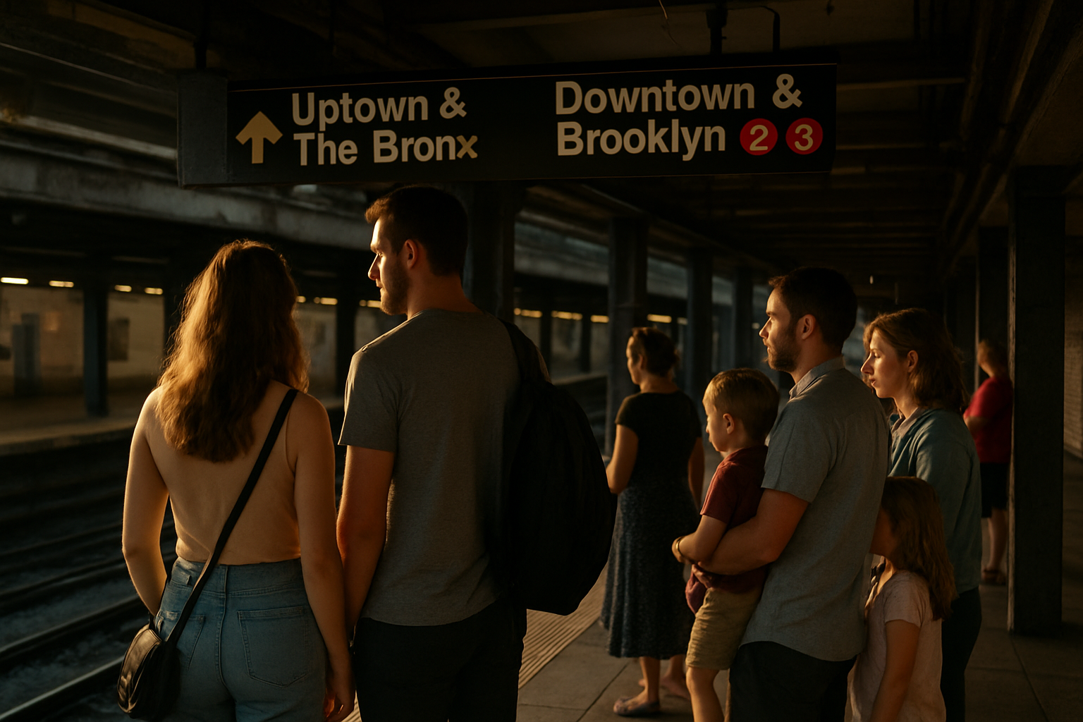 Vue d’un quai de métro à Manhattan, panneaux lumineux et voyageurs, lumière de fin d’après-midi