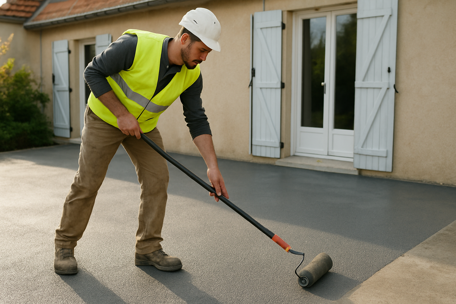 Terrasse en béton traitée à la résine polyuréthane, finition antidérapante, lumière du matin