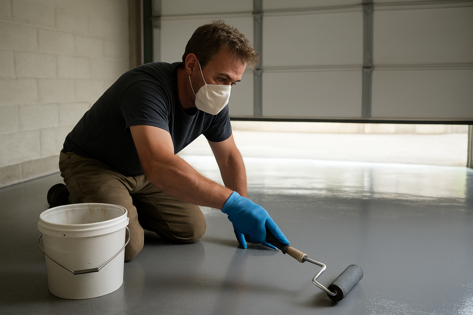 Application au rouleau d’une résine polyuréthane sur sol de garage, gants et masque de protection, lumière naturelle